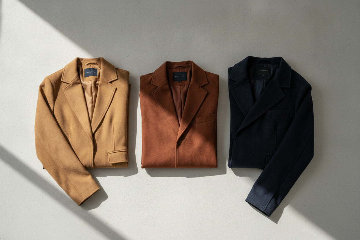Trois vestes homme en suédine aux coupes et coloris différents, camel, rouille et bleu nuit, disposées côte à côte.