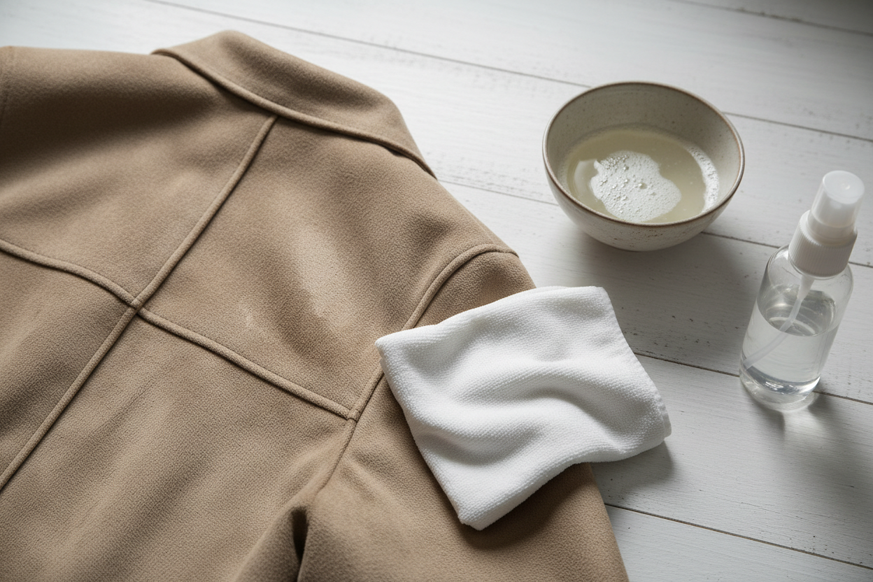 Entretien d'une veste en suédine posée à plat avec un chiffon humide et un spray imperméabilisant textile.