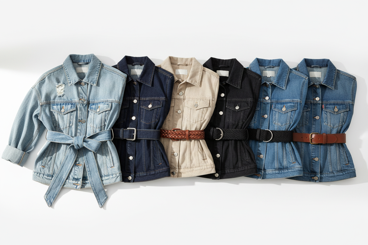 Plusieurs vestes en jean avec ceintures variées, disposées côte à côte pour comparer les modèles et coloris.