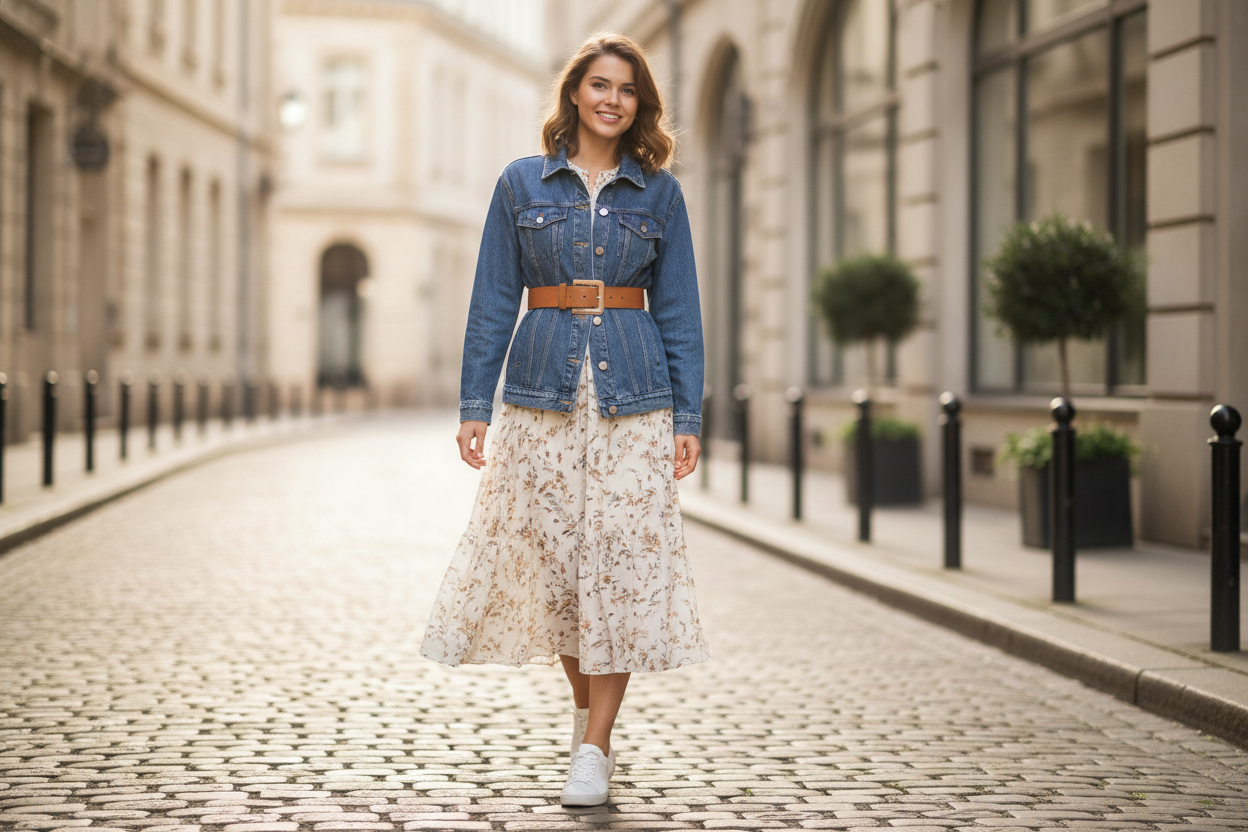 Femme portant une veste en jean ceinturée sur une robe fluide midi, avec des baskets blanches en milieu urbain.