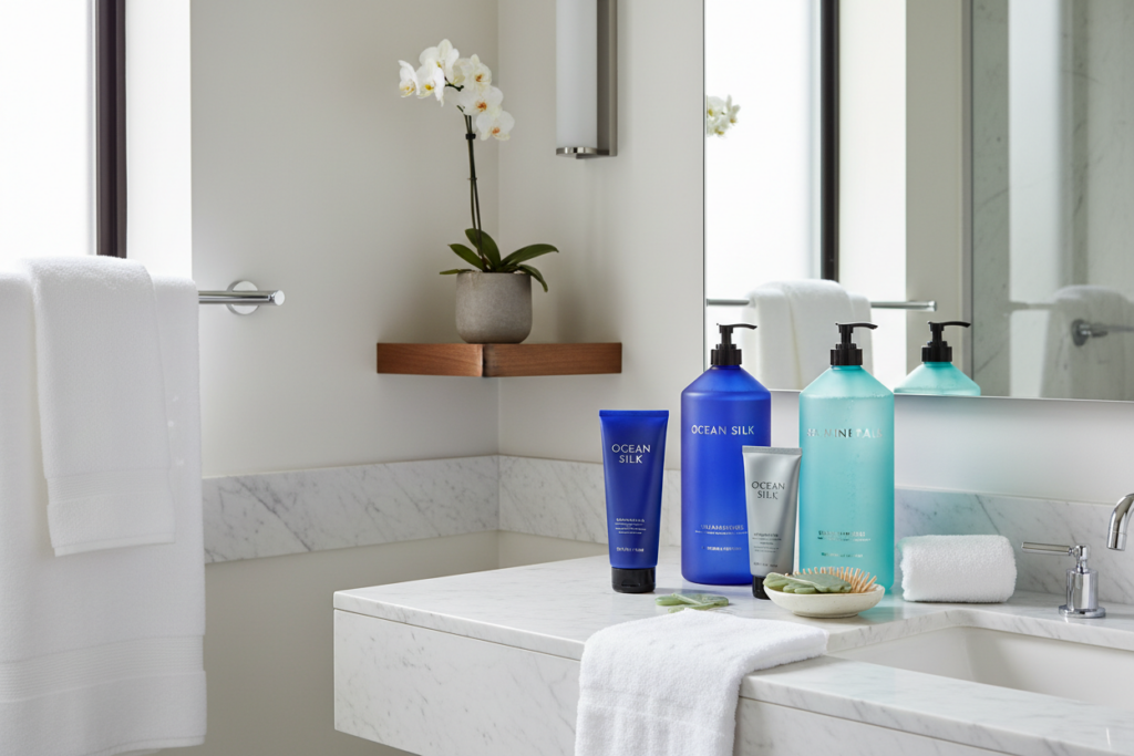 Routine lifestyle et beauté dans une salle de bain lumineuse avec produits capillaires, serviette et accessoires bien-être.