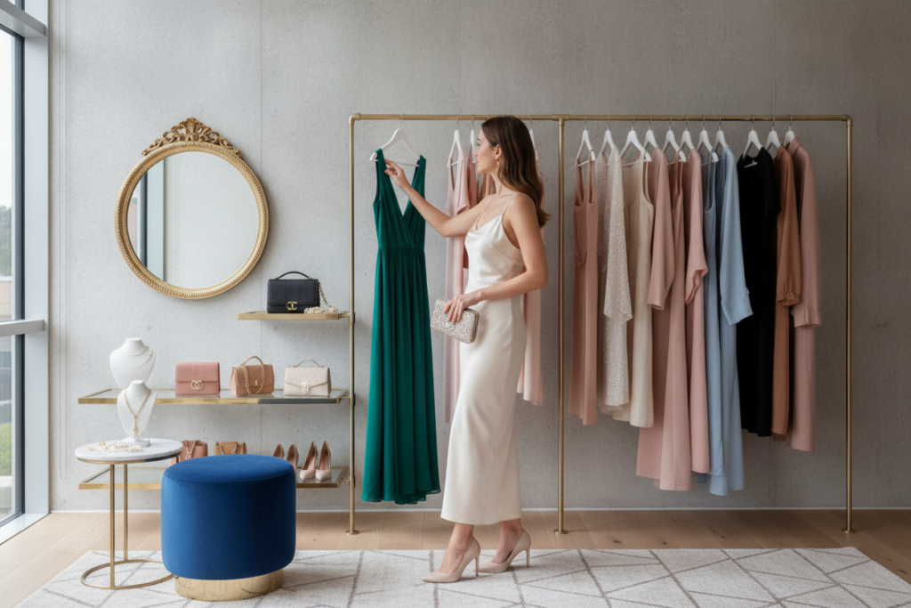Femme élégante devant un miroir avec tenues tendance et accessoires mode dans un univers lumineux et moderne.