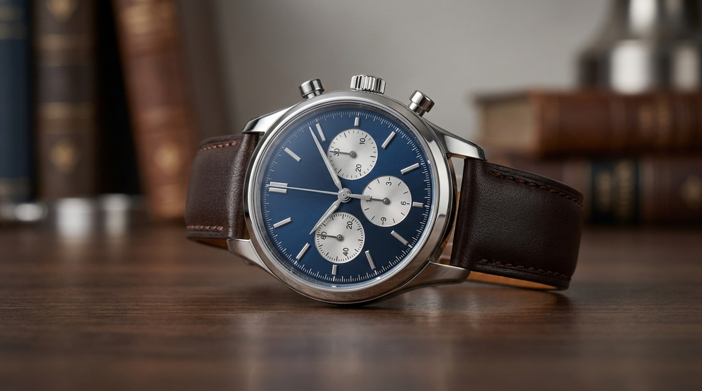 Montre chronographe avec cadran bleu, sous-cadrans argentés et bracelet en cuir marron posée sur un bureau en bois.