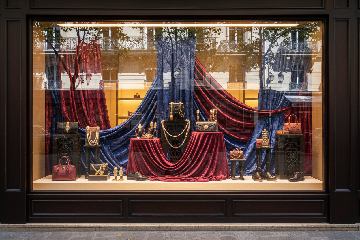 Devanture élégante d'une boutique de luxe parisienne avec vitrines sophistiquées et motifs paisley.