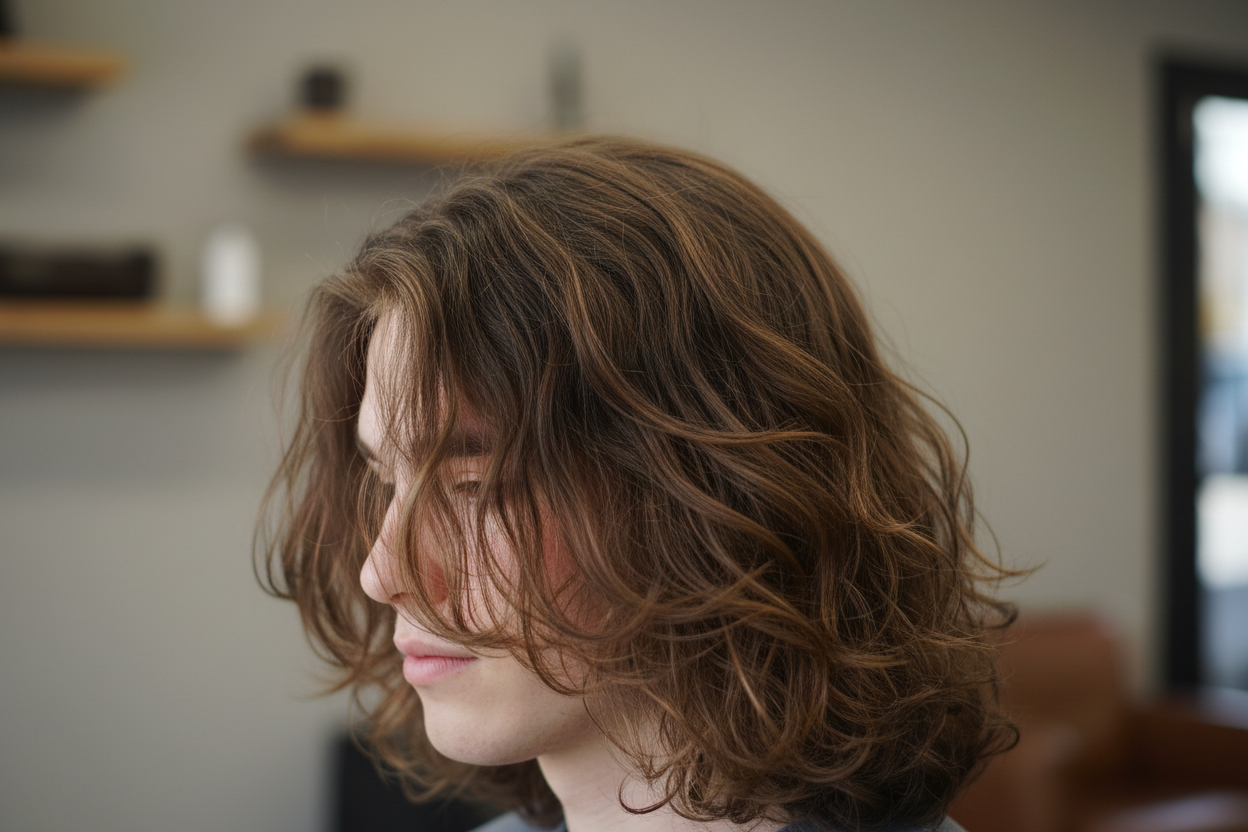 Homme aux cheveux longs stylisés avec dégradé, montrant différentes techniques de coupe moderne.
