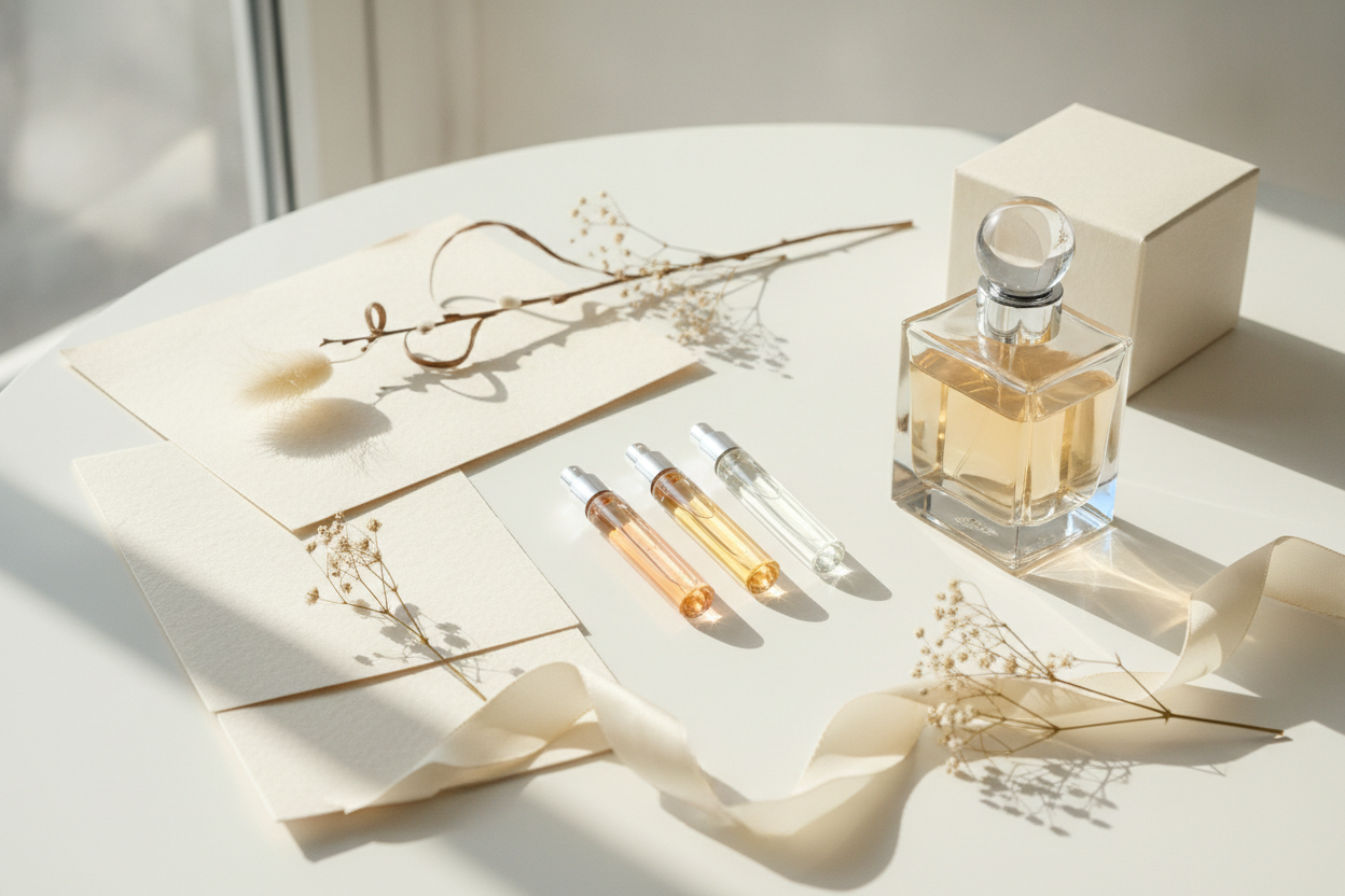 Arrangement de petits échantillons de parfum et flacon de luxe sur surface blanche avec packaging.
