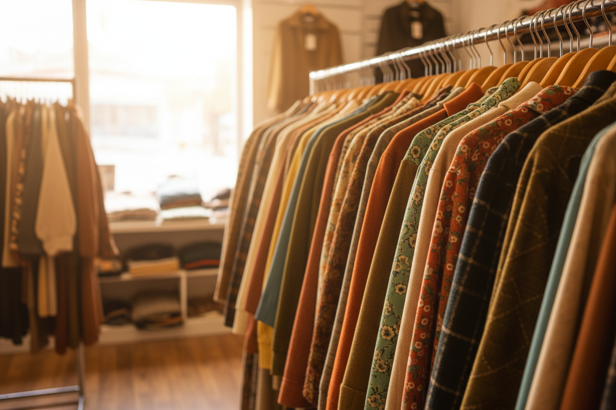 Vêtements vintage colorés suspendus à des cintres dans une friperie ensoleillée.