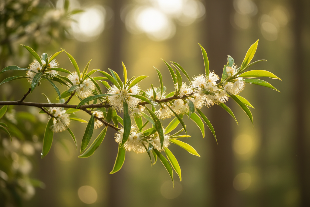 Branche de tea tree avec feuilles vertes et fleurs blanches en gros plan, éclairage naturel doux.