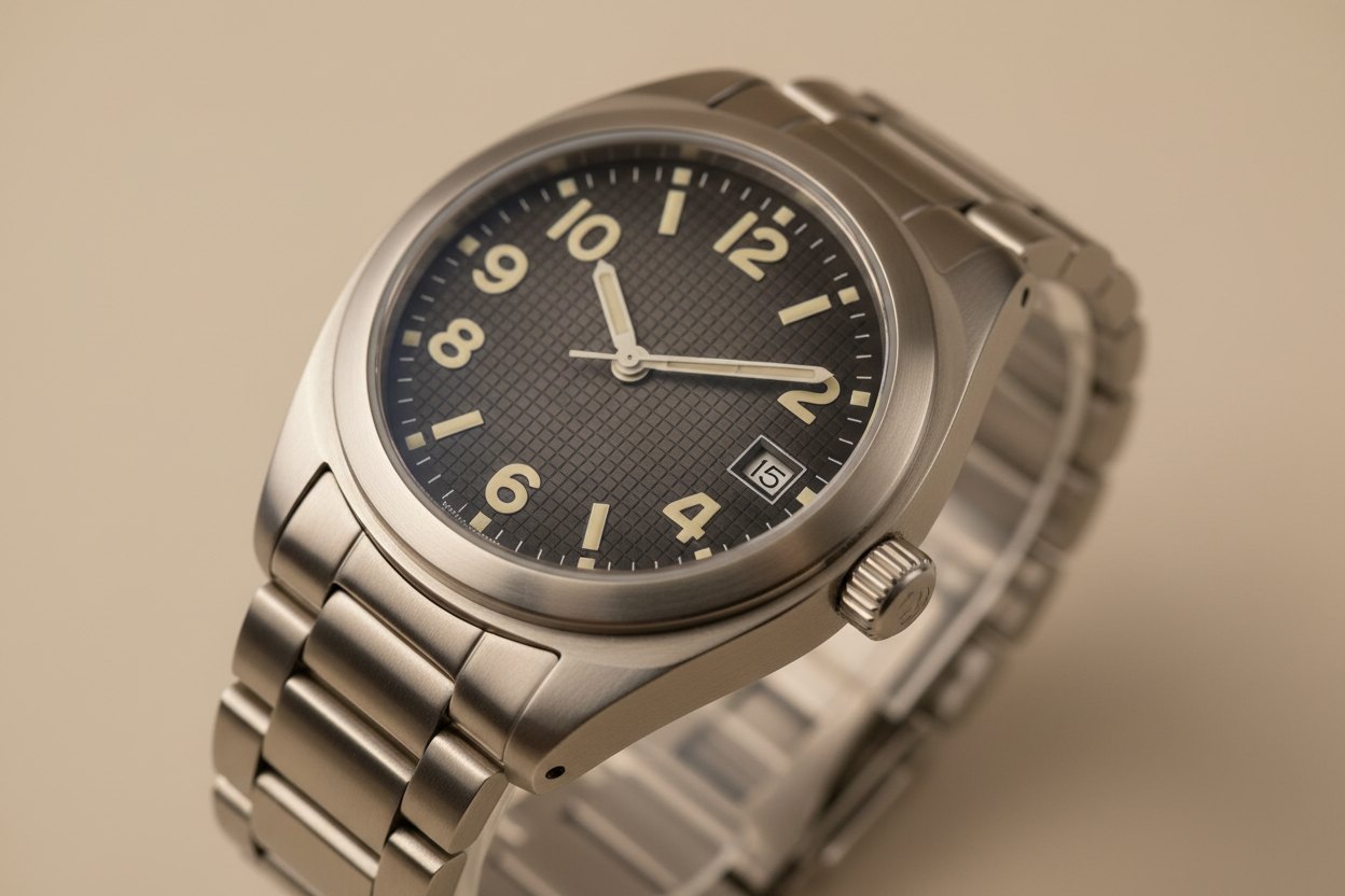Montre automatique acier avec cadran texturé et bracelet intégré, photographie en gros plan professionnel.